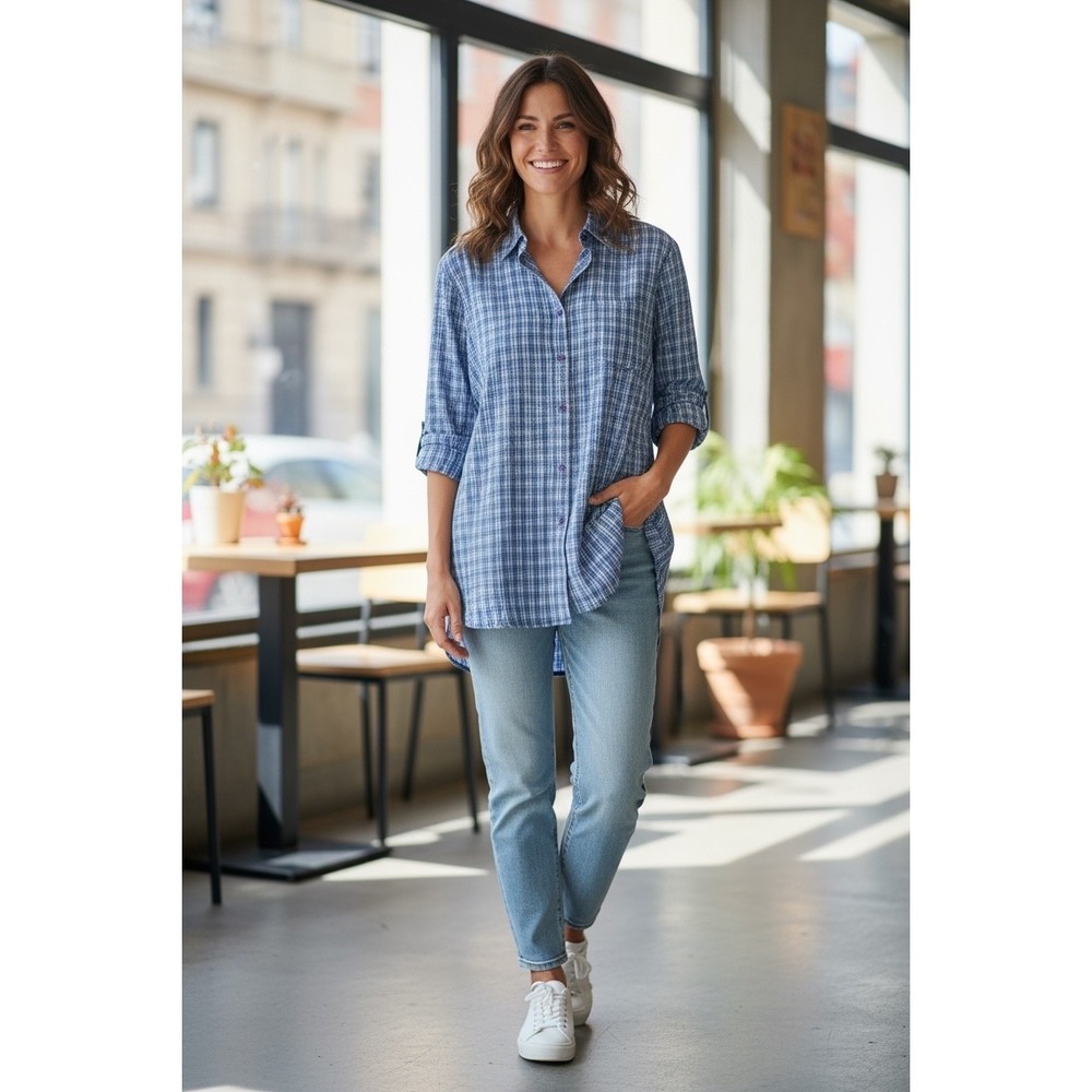 Quizz Woman Blue Plaid Stretch Tunic Button Down Shirt Top Womens‎ Size 18